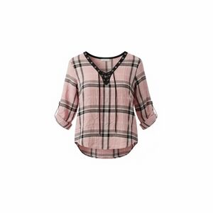 No Boundaries Pink Plaid Lace-Up V-Neck Roll-Tab Top